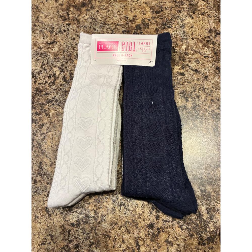 The Childrens Place Girls Knee High Socks 6-Pk Navy White Heart Pointelle L 3-6